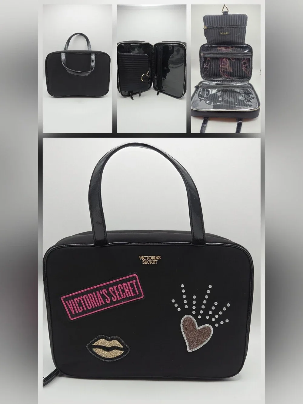 Victoria's Secret Black Tote and Black Cosmetic Bag with Rose Gold Logo